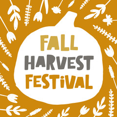Autumn harvest festival. Hand drawn lettering card. Colorful background with fall elements. Handwritten quote sketch typography. Poster, banner, print design. October party.