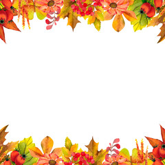 Horizontal frame of yellow and red leaves for autumn design of invitations, greetings, cards and advertising. Isolated object on white background.