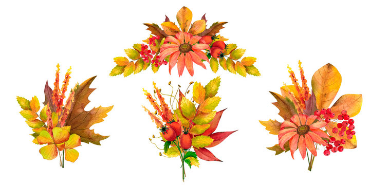 A set of arrangements and bouquets of autumn leaves for invitations, cards, congratulations. Watercolor illustrations. Isolated objects on white background.