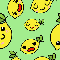 Seamless pattern with cute kawaii emoji lemons vector cartoon illustration