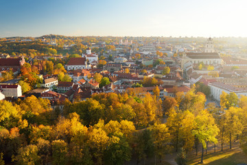 Beautiful autumn panorama of Vilnius old town taken from the Gediminas hill. Nice sunny October day in Lithuania.
