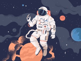 Astronaut exploring outer space. Cosmonaut in spacesuit performing extravehicular activity or spacewalk against stars and planets in background. Human spaceflight. Modern colorful vector illustration.