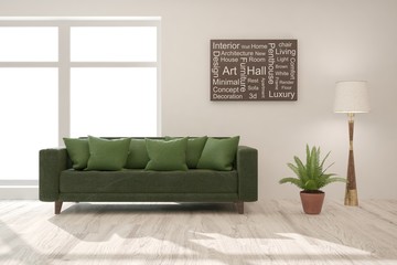 Stylish room in white color with sofa. Scandinavian interior design. 3D illustration