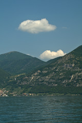 mountains and lake,landscape,summer,tourism,panorama,sky,blue,clouds,white