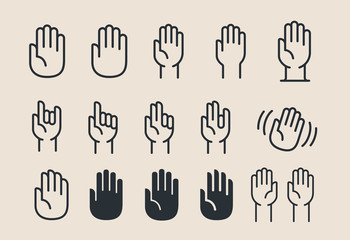 Fototapeta premium Hand Gesture Vector Flat Line Icon Illustration Set. Palm, Hello, High Five, Stop, Waving, Greeting, Shaking, Rock On, Point Finger, West Side.