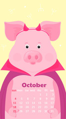 Cute pig in a cloak and horns imp. Halloween costume. Monthly Calendar for October 2020. Week start on Sunday. Funny animal