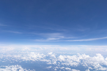 Blue sky background and white clouds soft focus.Aerial veiw landscape from airplane window.