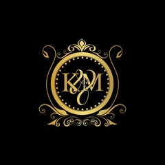 & M / KM logo initial vector mark. Initial letter K and M KM logo luxury vector mark, gold color elegant classical symmetric curves decor.
