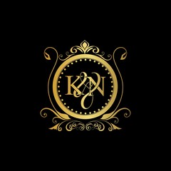 K & N / KN logo initial vector mark. Initial letter K and N KN logo luxury vector mark, gold color elegant classical symmetric curves decor.