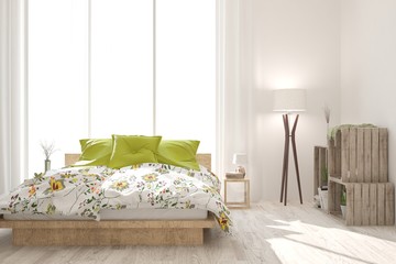 Stylish bedroom in white color. Scandinavian interior design. 3D illustration