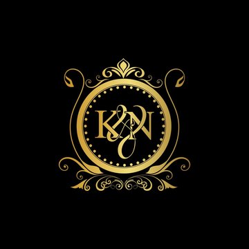 K & N / KN logo initial vector mark. Initial letter K and N KN logo luxury vector mark, gold color elegant classical symmetric curves decor.