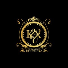 K & X / KX logo initial vector mark. Initial letter K and X KX logo luxury vector mark, gold color elegant classical symmetric curves decor.