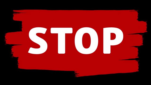 Stop - white inscription on red paint brush strokes, CG animated template. Transparent background ProRes 4444 with alpha channel in 4k UHD resolution version.