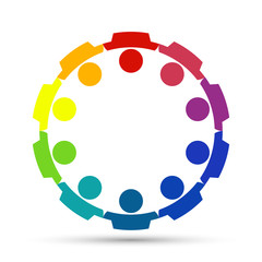 Group of ten persons in circle. holding hands.The summit workers are meeting in the same power room.