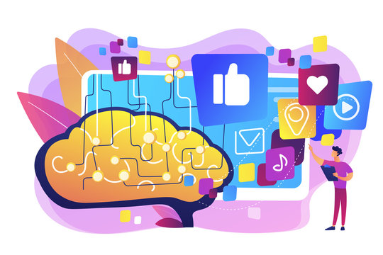 Deep learning algorithm. Artificial intelligence control of internet. AI in social media, AI content tracking, automated image recognition concept. Bright vibrant violet vector isolated illustration