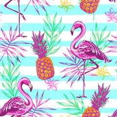 Pattern with pink flamingo and pineapples