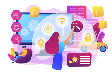 People interacting with technology. Smart, user-oriented design. Intelligent user interface, usability engineering, user experience design concept. Bright vibrant violet vector isolated illustration