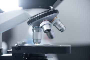 close-up of Microscope lens, science tools microscope in laboratory