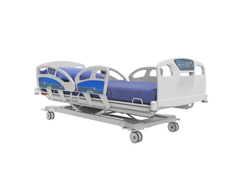 Concept blue hospital bed automatic with control panel on the side and front 3d render on white background no shadow