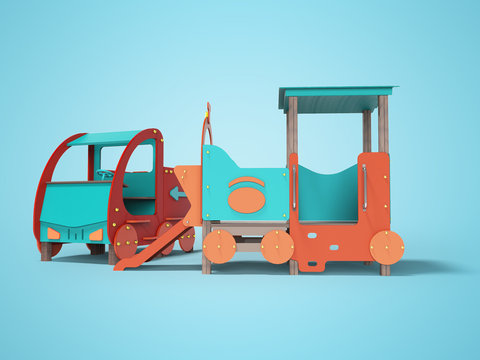 Red blue car and train playground for children with slide 3D render on blue background with shadow