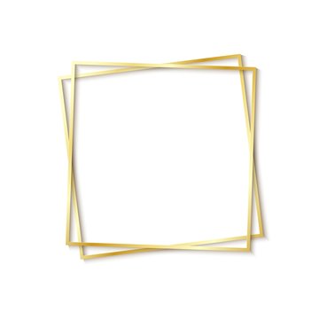Paper cut gold frame with realistic shadow. Two golden inclined square frames lie one on another. Vector card illustration with place for selling advertising text. 3d banner on white background