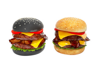 Black and white burger 3d render illustration on white background no shadow