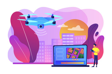 Birds eye view position. Live streaming droning, flight. Aerial videography, professional aerial video, drone inspection service concept. Bright vibrant violet vector isolated illustration