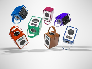 Concept group portable radio dancing in leather upholstery of different colors 3d render illustration on gray background with shadow