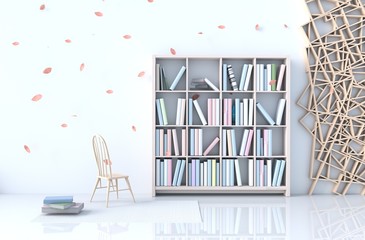 Warm white reading room decor with white cement wall, tile floor, curtain, window,book cases,chair.The sun shines through the window into the shadows. 3D render.