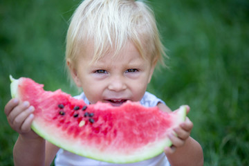Cute toddler child, baby boy, eating ripe watermelon in garden