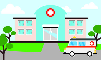  Medical concept with hospital buildings and ambulances in a smooth style