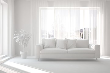 Mock up of stylish room in white color with sofa. Scandinavian interior design. 3D illustration