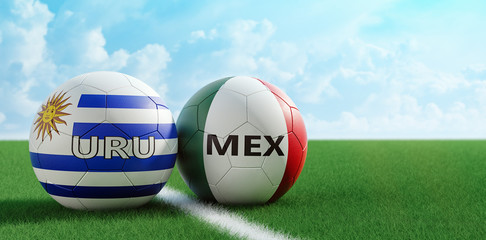 Uruguay vs. Mexico Soccer Match - Soccer balls in Uruguay and Mexico national colors on a soccer field. Copy space on the right side - 3D Rendering 