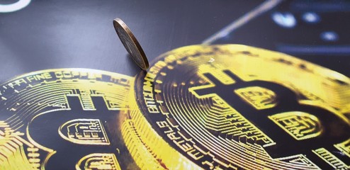 Bitcoins in the close-up. Bitcoins coins. Cryptocurrency.