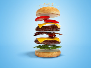 Concept of creating hamburger in layers 3d render illustration on blue background with shadow