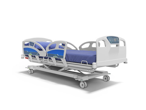 Concept blue hospital bed automatic with control panel on the side and front 3d render on white background with shadow