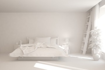 Modern bedroom in white color. Scandinavian interior design. 3D illustration