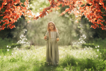 Full Length shot of cute girl holding flower in the hand in the green park