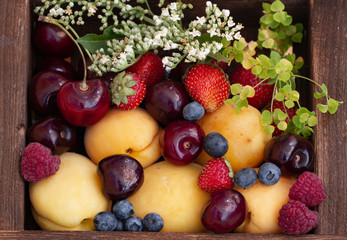 wooden box with fresh summer berries and fruits. Blueberries, cherry, strawberries, raspberries, apricots, forest flowers and herbs on a wooden table in a rustic style