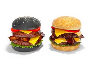Black and white burger 3d render illustration on white background with shadow
