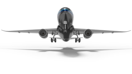 Concept turbojet aircraft rises to take off 3d render on white background with shadow