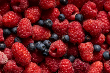 close up view of fresh delicious ripe mixed raspberries and blueberries