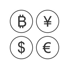 Currency sign euro, dollar, bitcoin, yen icons isolated on a white background. EUR USD BTC JPY currency abbreviation vector illustration. Money cash sign set