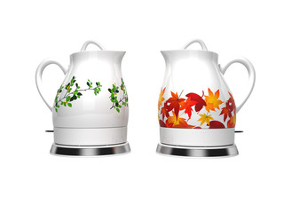 Two ceramic electric kettle with green and red coloring 3d render illustration on white background no shadow