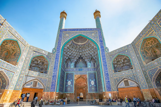 17/05/2019 Isfahan.Isfahan Province.Iran, the front view of the Jameh Mosque in Naghsh Jahan Square with fine brickwork and Islamic calligraphy, also known as Imam Mosque