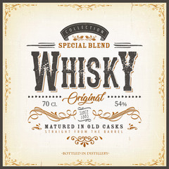 Vintage Whisky Label For Bottle/ Illustration of a vintage design elegant whisky label, with crafted letterring, specific product mentions, textures and celtic patterns, on blue and gold background