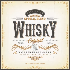Fotobehang Vintage Whisky Label For Bottle/ Illustration of a vintage design elegant whisky label, with crafted letterring, specific product mentions, textures and celtic patterns, on blue and gold background © benchart