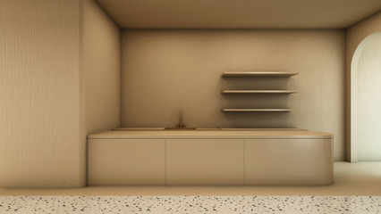 Kitchen Design Modern & Minimal beige counter,Beige wall,Beige ceiling,Beige floor,Granite stone floor - 3D render