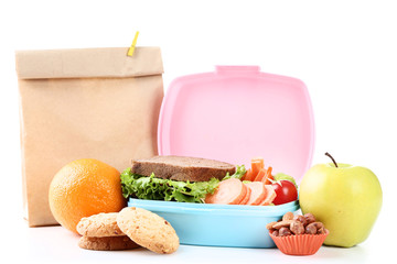 School lunch with paper bag on white background