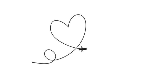 Animation of one line drawing of passenger airplane and heart sign label